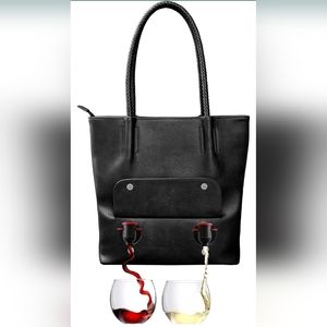 Tote Bag VeganLeather w Hidden Spout Insulated Compartment Holds 2 Bottles Wine